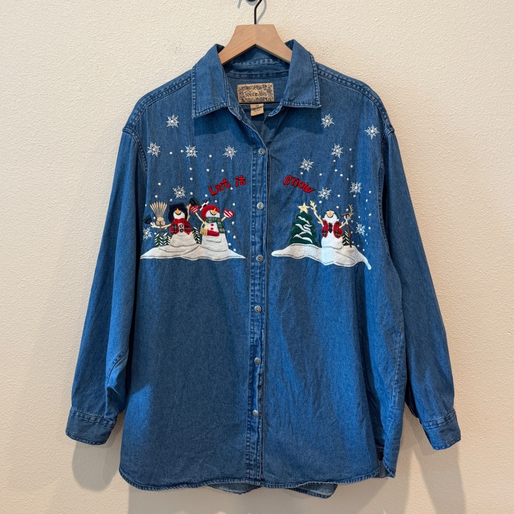 TANTRUM BLUES Womens Denim Shirt 2X Christmas Holiday Snowman Embroidered Retro